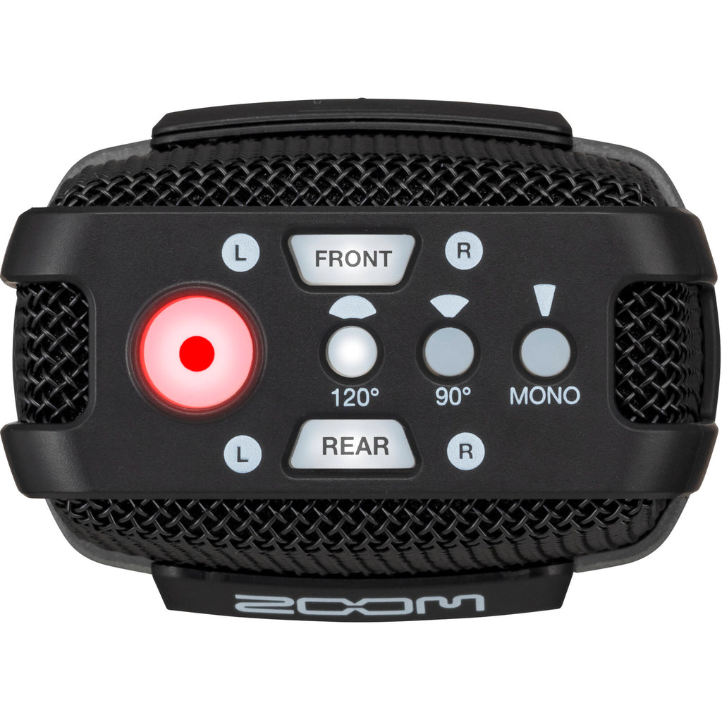 Zoom H2essential digital recorder, top view of multi-capsule mic array and record button