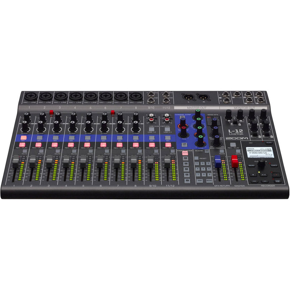 Zoom LiveTrak L-12 digital mixer with multiple channels and intuitive controls, ideal for live sound mixing.