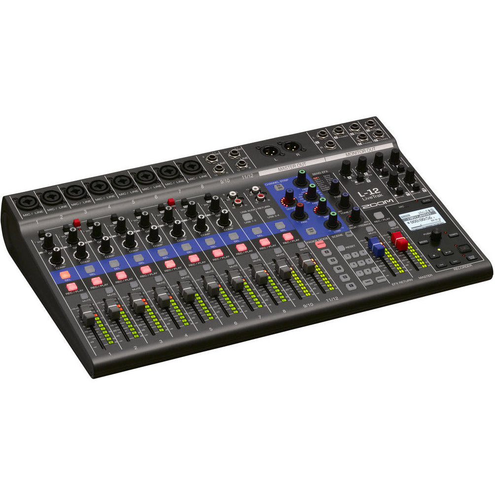 Zoom LiveTrak L-12 digital mixer with multiple channels and controls for live sound mixing and recording.