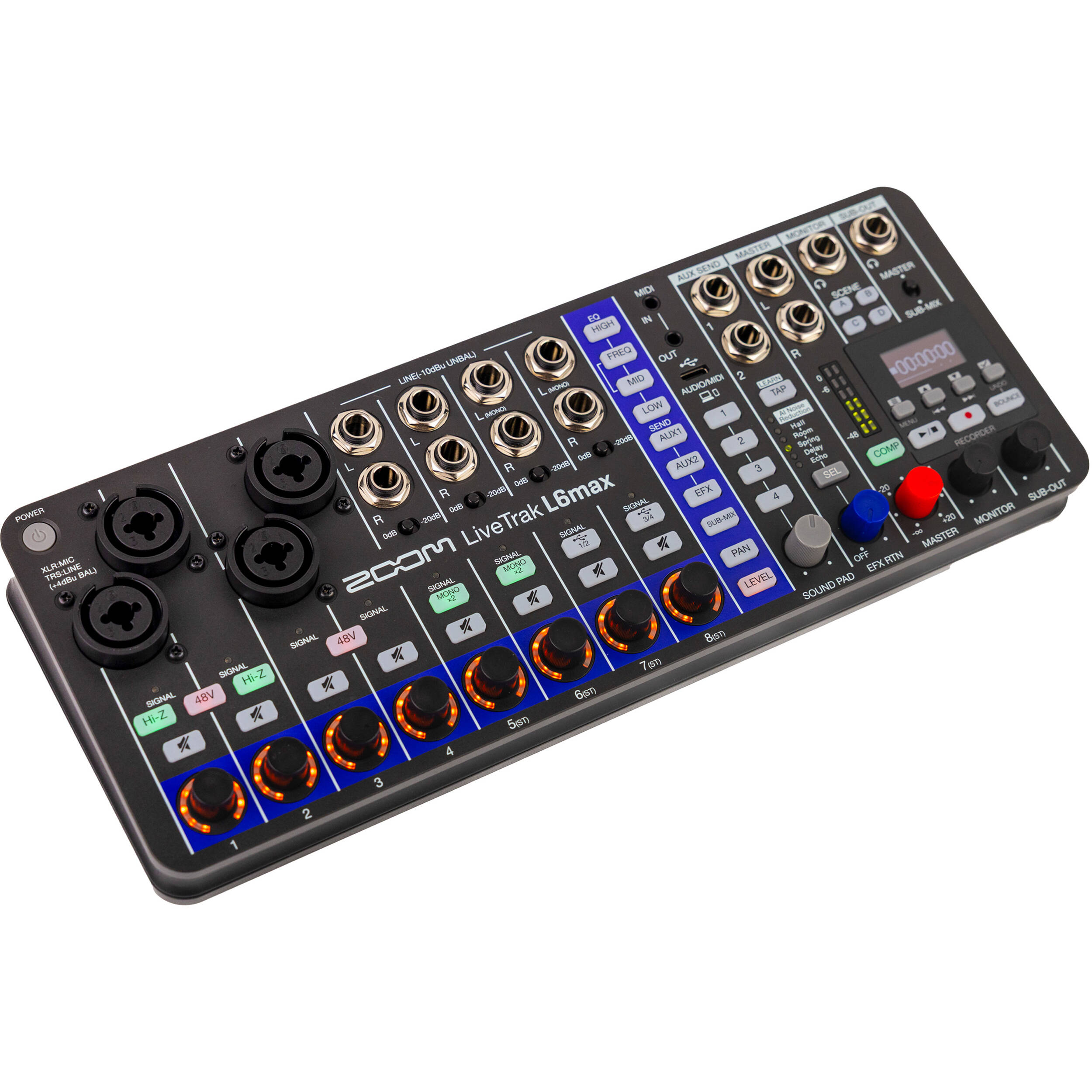 Zoom LiveTrak L6max digital mixer, front view.