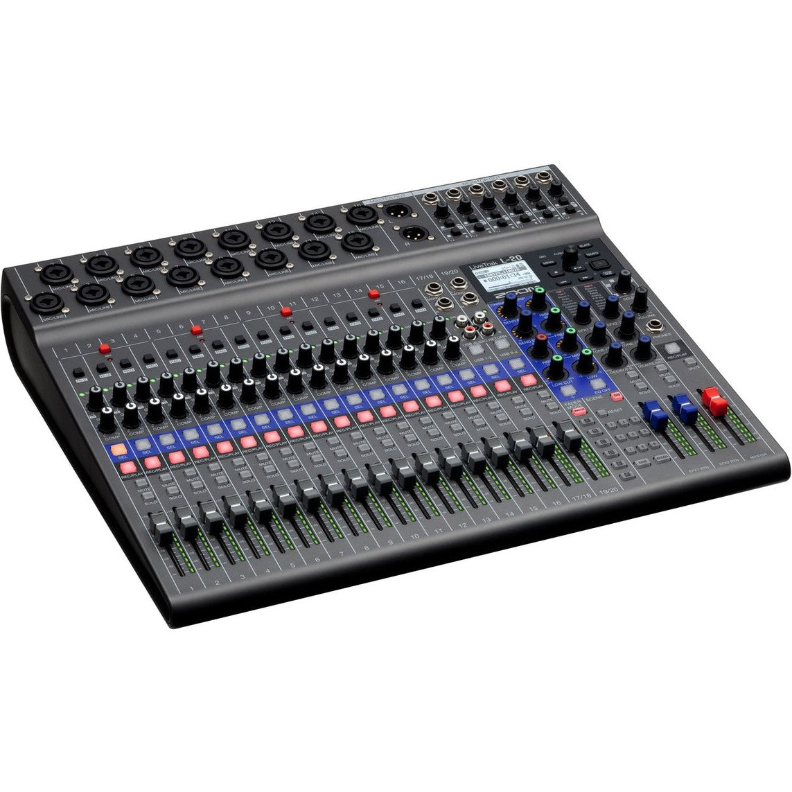 Zoom LiveTrak L-20 digital mixer with multiple faders and knobs, designed for live sound mixing and recording.