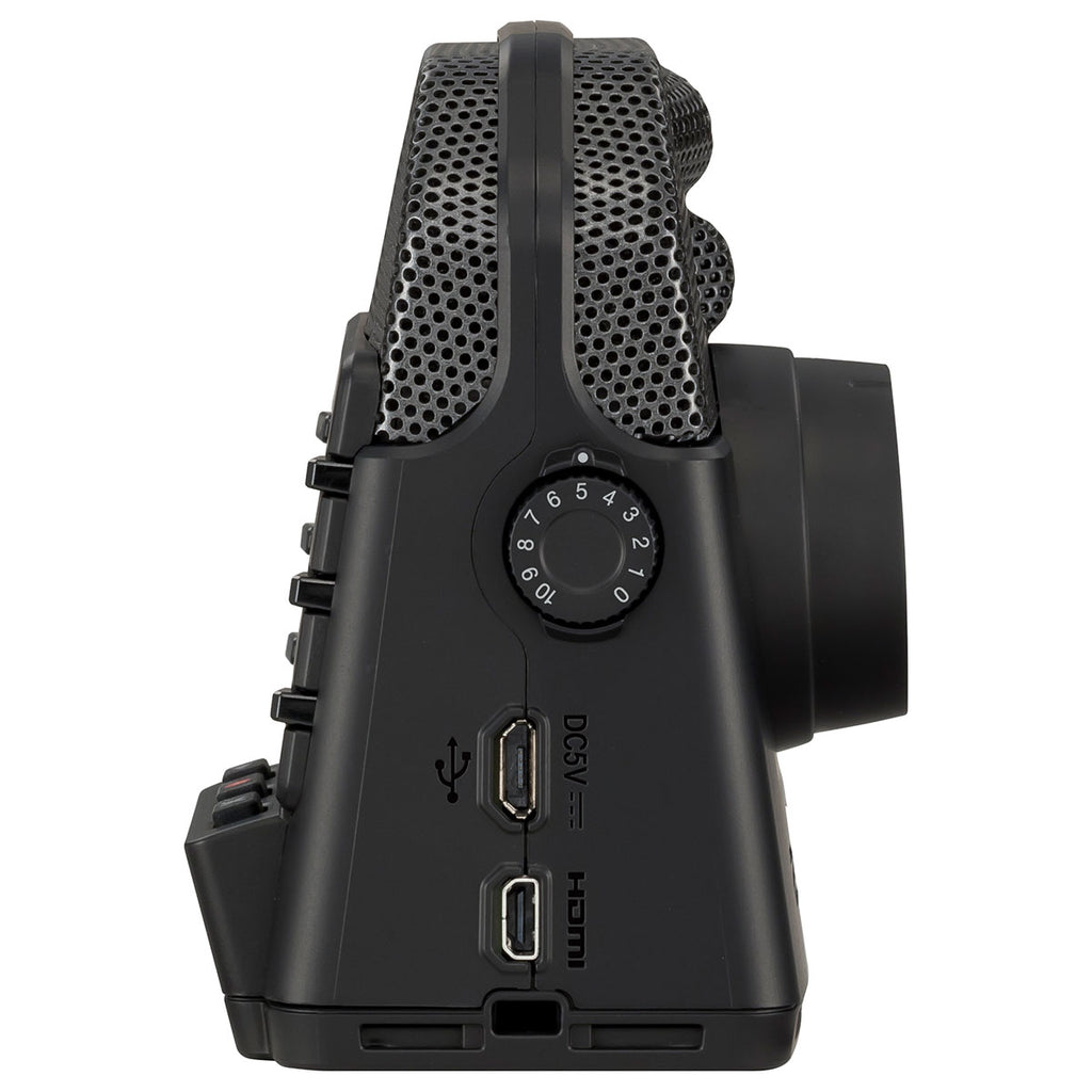 Zoom Q2n-4K video camera with compact design, featuring a lens, microphone, and control buttons for high-quality video recording.