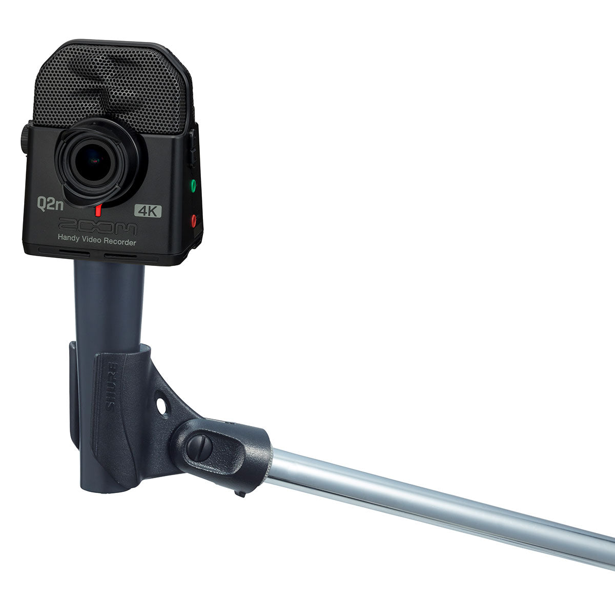 Zoom Q2n-4K video camera with compact design, front lens, and controls visible, ideal for high-quality audio and video recording.