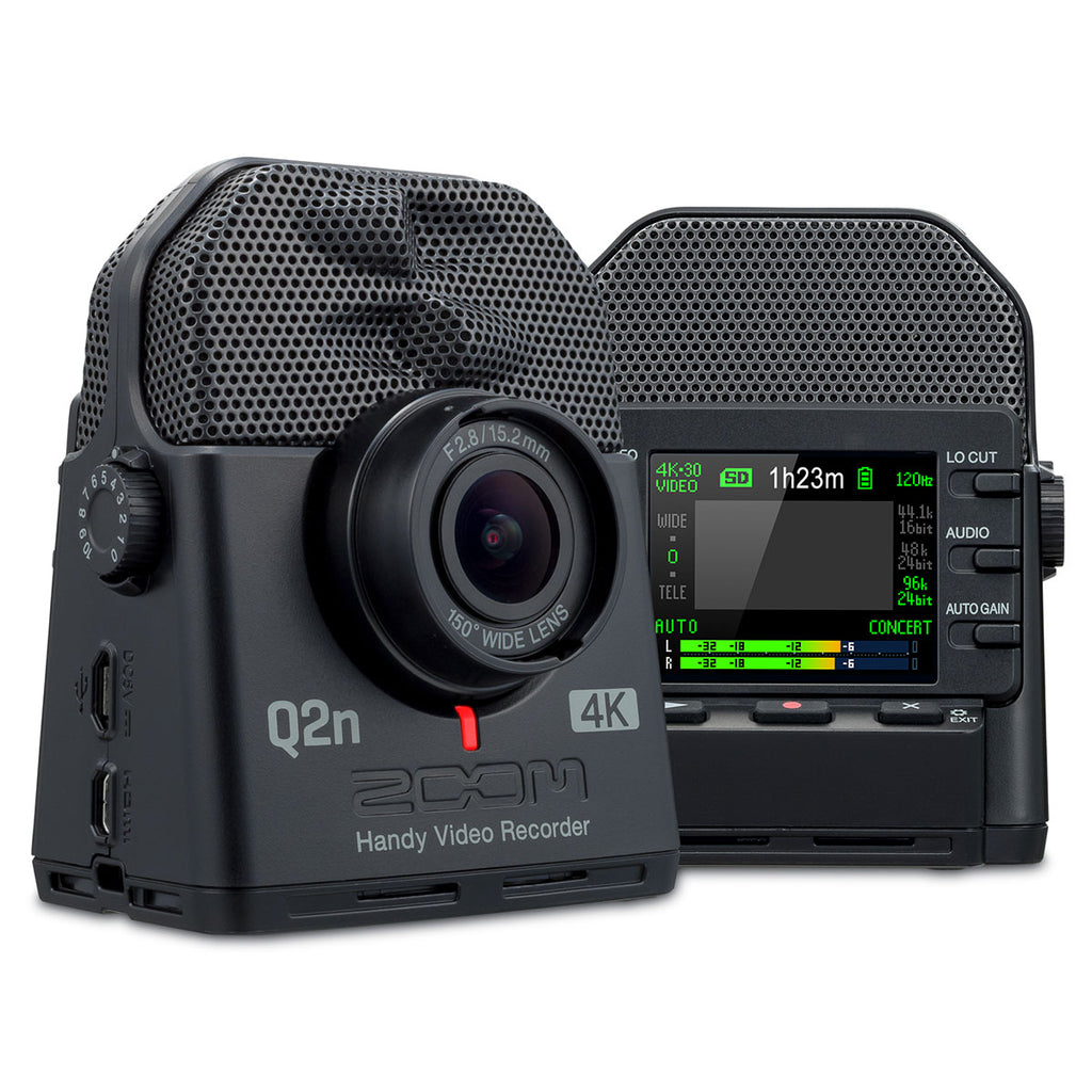 Zoom Q2n-4K video camera with compact design and lens, ideal for high-quality audio and video recording.