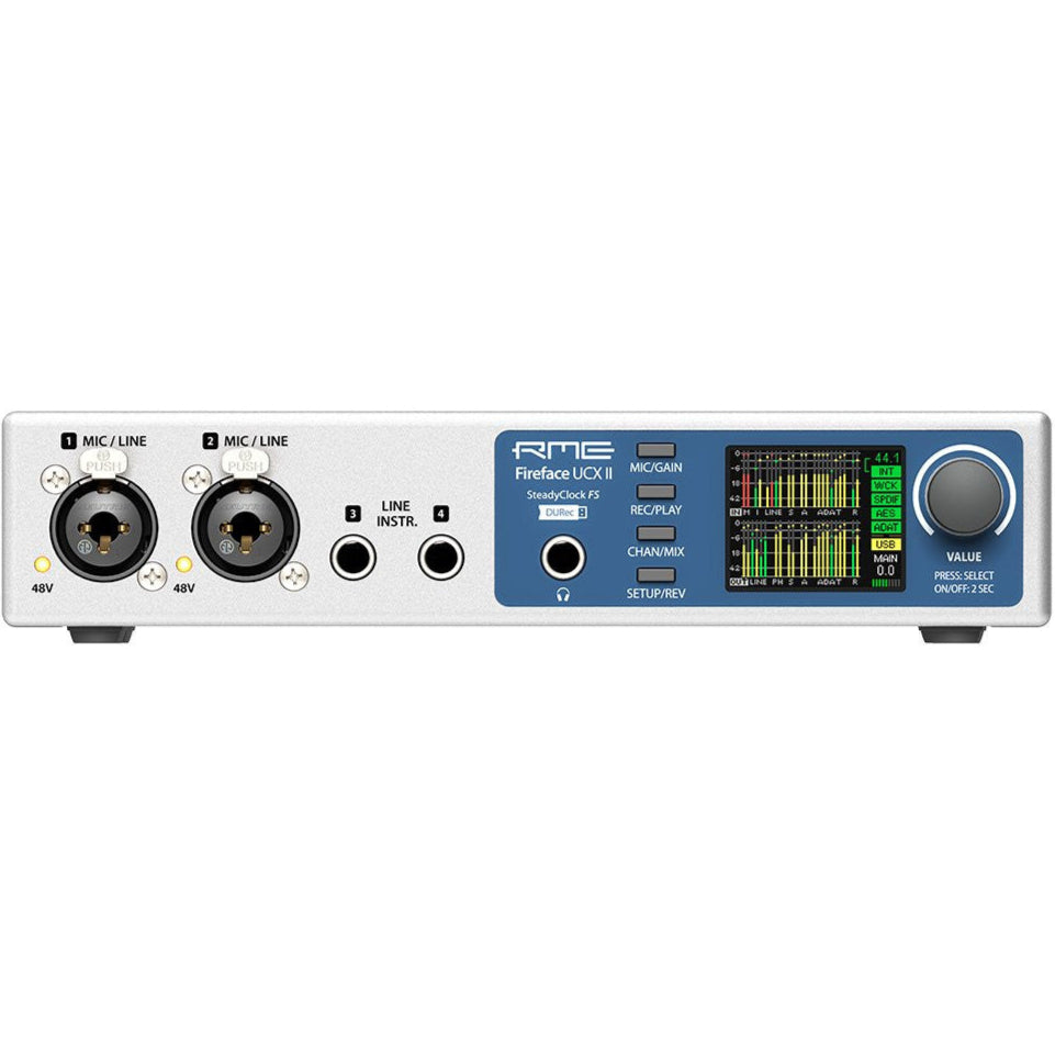 RME Fireface UCX II audio interface with multiple input and output ports, compact design, and professional-grade controls.